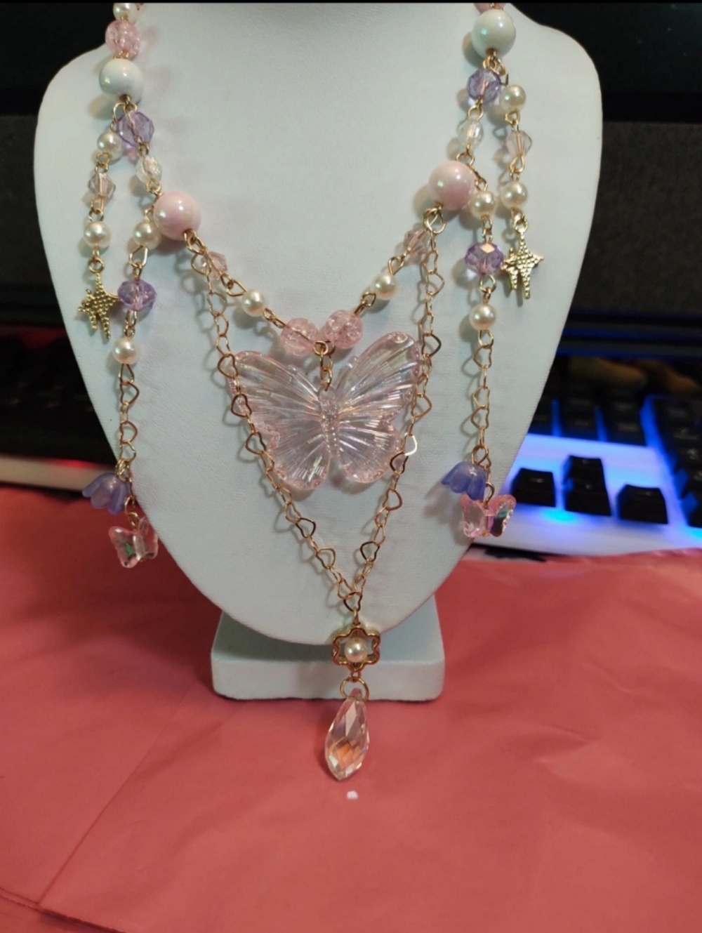 Pink Butterfly Layered Necklace with Pearl Accents